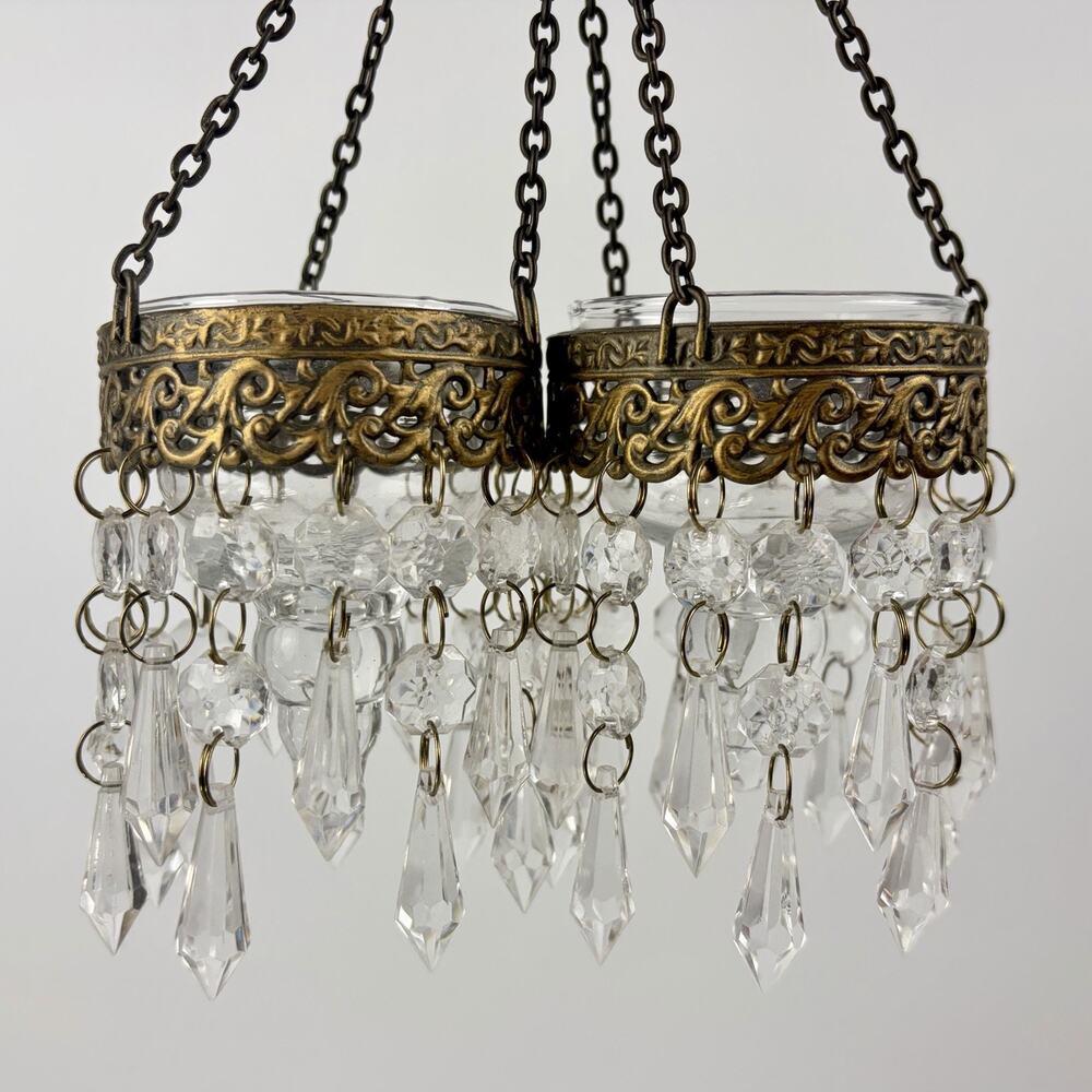 Vintage Hanging Crystal Prism Chandelier Ornate Metal Candle Holder 8” Set Of 2